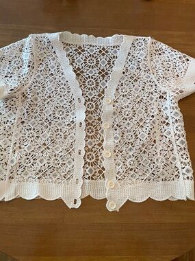 White Crochet Knit Button-Front Cardigan